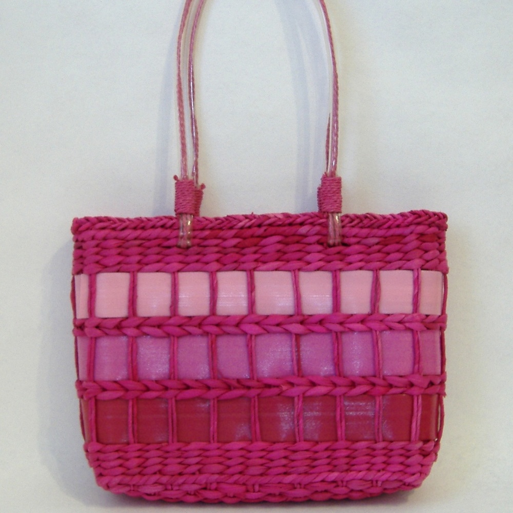 Pink Straw Purse Ribbon Trim Tote Handbag Double Handles Beach Bag Fabric Lined